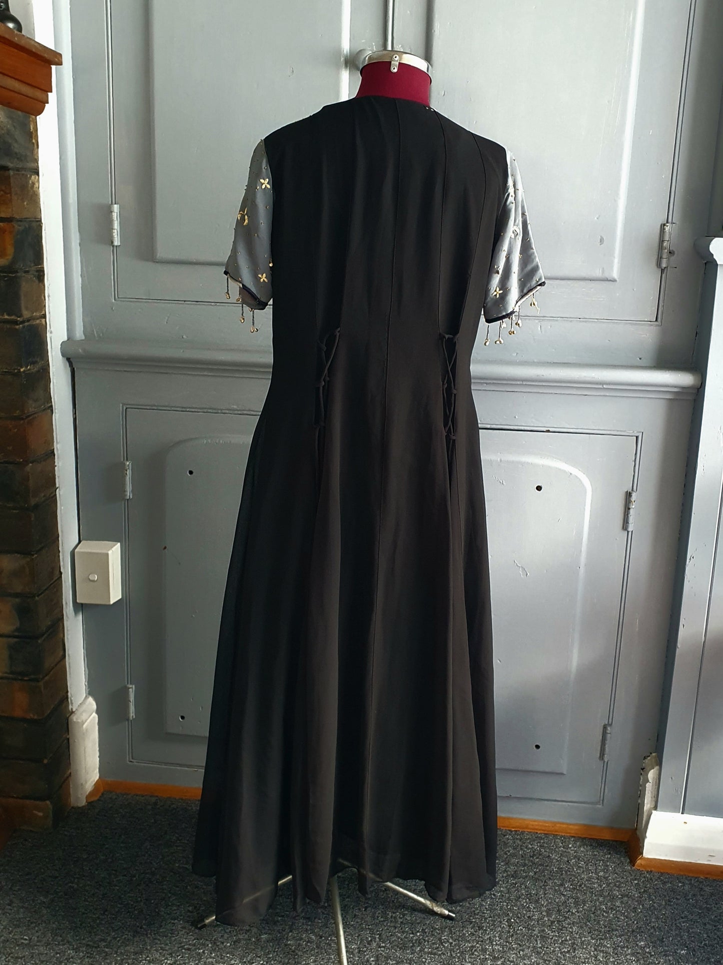 Hand-Embellished Black & Silver Maxi Dress with Bell Charms – AU 12–14