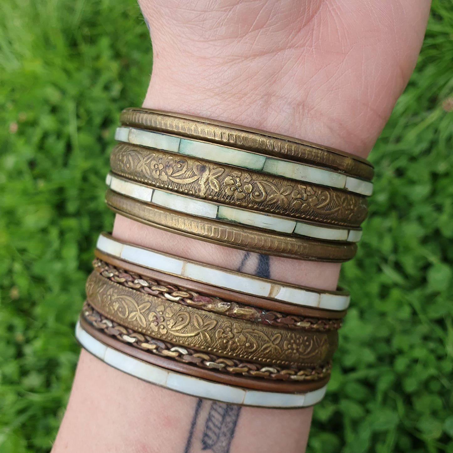 Vintage Brass & Mother of Pearl Bangles - pair