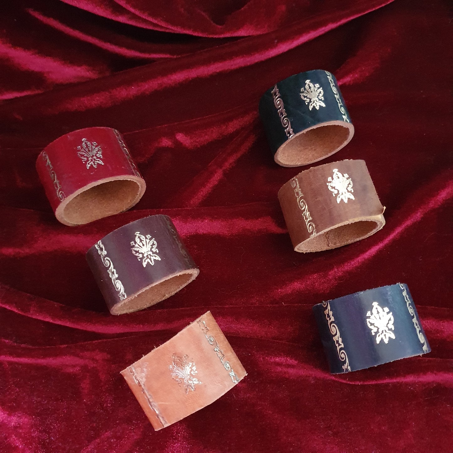 Vintage Leather Heraldic Napkin Rings – Set of Six
